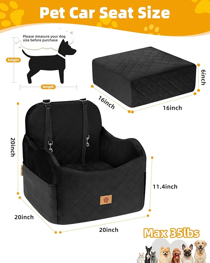 Car Seat Booster for Dog: High-Support Memory Foam Pet Car Seat for Small/Medium Dogs Under 35lbs with Elevated Cushion - Detachable Washable Puppy Travel Bed for Driving with Pockets (Black)-PawvioPets