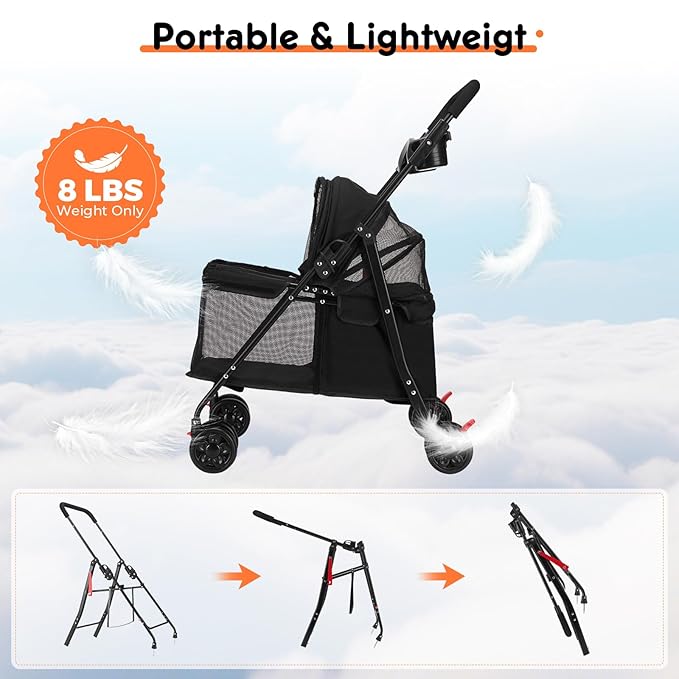 Foldable Pet Stroller for Small/Medium Pets up to 22 lbs - Lightweight 4-Wheel Design with Sun Canopy, Storage Bag & Breathable Mesh-PawvioPets