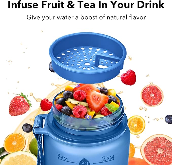 32oz Motivational Water Bottles with Time Marker & Fruit Strainer, Transparent Gradient Color Water Bottle with Times to Drink, Leakproof & BPA Free, Reusable Bottle with Strap (No Straw)-PawvioPets