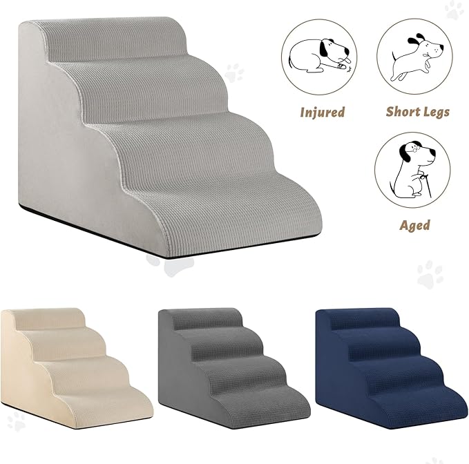 4-Step Dog Stairs and Ramp for Beds or Couches,Non-Slip Sturdy Pet Steps for Small Dogs and Cats,17.4" H,Light Grey-PawvioPets