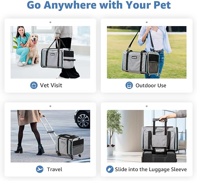 Cat Dog Carrier with Wheels, Expandable Rolling Soft-Sided Carrier for Small Cats and Dogs Under 25 LBS, Pet Carrier on Wheels with Locking Safety Zippers and Anti-Scratch Mesh (Grey)-PawvioPets