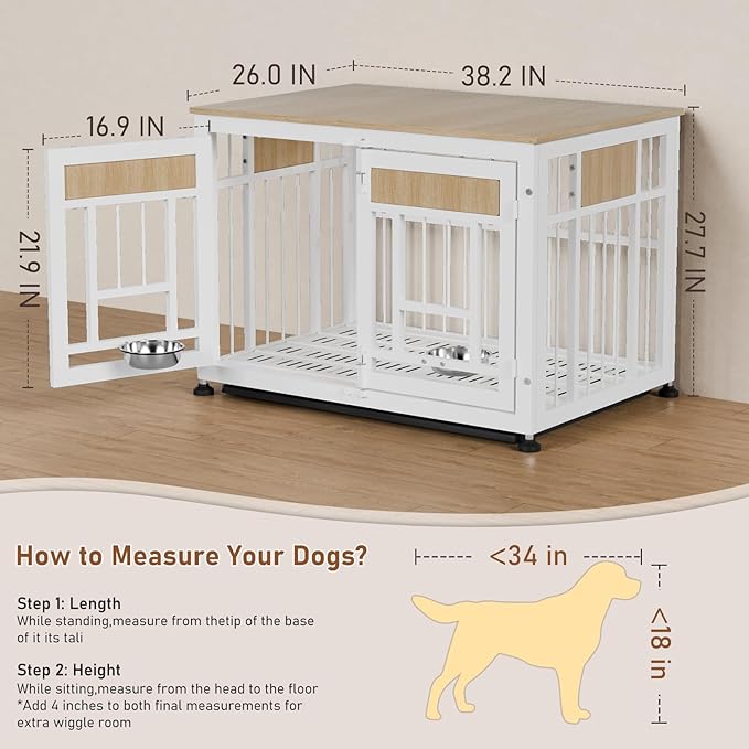 Dog Crate Furniture End Table, 38 Inch Hidden Kennel Cabinet with Removable Tray, Thickened Metal Frame Dog Cage, Dual-Purpose Pet House & Nightstand for Living Room-PawvioPets