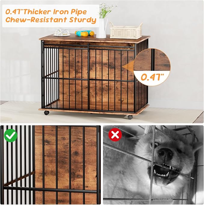 43.7" Dog Crate Furniture, XL Dog Crate Dog Kennel Indoor with Wheels for Large Medium Small Dogs, Wooden Dog Kennel End Table with Sliding Door Wooden Furniture Crates for Living Room, Bedroom-PawvioPets