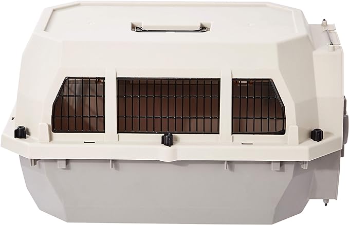 Amazon Basics Hard-Sided Dog and Cat Kennel Single-Door Travel Pet Carrier with Metal Wire Ventilation, 23.6"L x 15.7"W x 13.0"H, Beige-PawvioPets