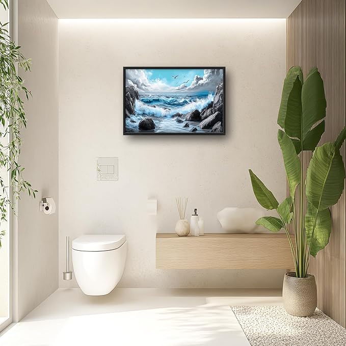 Extra Large Framed Abstract Sea Ocean Wall Art,Black and White Wall Decor, Coastal Seashore Pictures for Living Room,Canvas Print Painting Modern Artwork Bedroom Office Bathroom 36L x 24W-PawvioPets