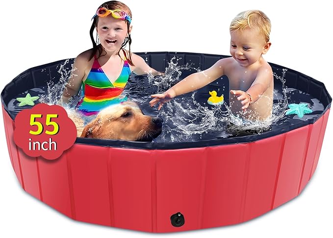 Foldable Dog Pool, 55" x 12" Kiddie Pool with Hard Plastic, Non-Slip Dog Bath Tub for Outdoor Backyard, Collapsible Dog Swimming Pool for Kids Dogs Pets (Red)-PawvioPets
