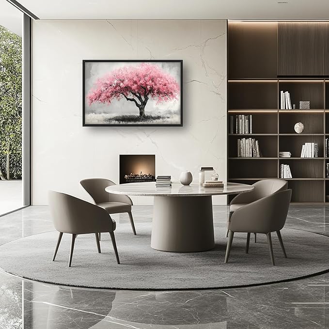 Extra Large Framed Pink Tree Wall Art,Abstract Tree of Life Wall Decor,Pink and Grey Pictures for Living Room,Canvas Print Painting Modern Artwork Bedroom Office Bathroom Home Decor 36L x24W-PawvioPets