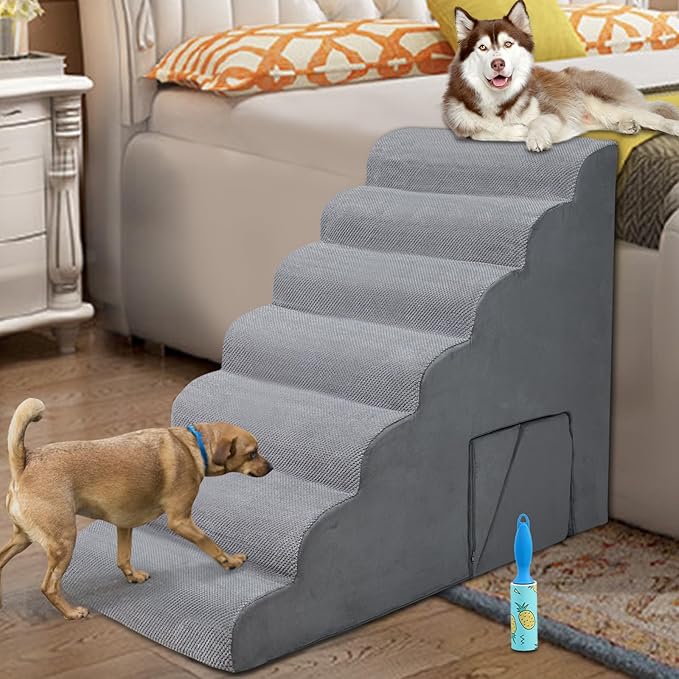 Dog Stairs & Steps for High Beds 30-36 inches High Tall, LitaiL 33inch 7 Steps Pet Stairs/Steps for High Beds Small Large Dogs, Non-Slip Dog Ramps/Ladder for Old Dogs/Cats-PawvioPets