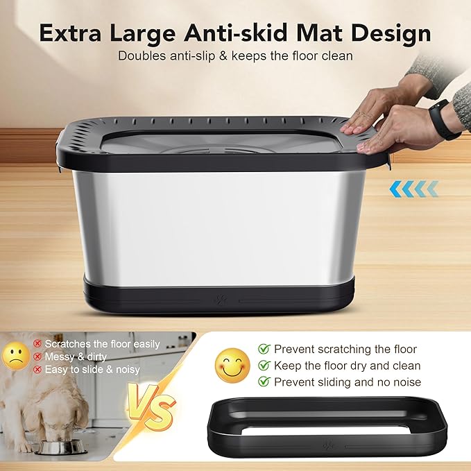 Decflow 7L Stainless Steel Dog Water Bowl, No Spill Anti-Splash Dog Bowls with Anti-Skid Mat, Spill-Proof Slow Feeder for Messy Drinkers, Heavy Duty Pet Bowls for Indoor/Outdoor Use Black-PawvioPets