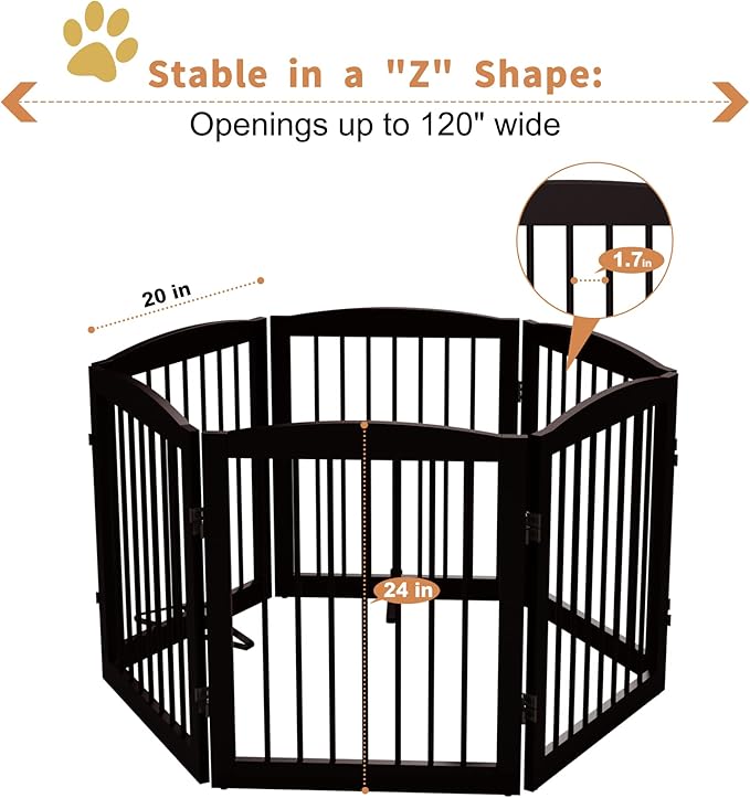 Freestanding Pet Gate for Dogs, Foldable Wooden Dog Gate for House, Extra Wide Indoor Pet Barrier for Stair, Doorway, Hall, Support Feet Included, 120 Inch Wide, 6 Panels 24", Brown-PawvioPets