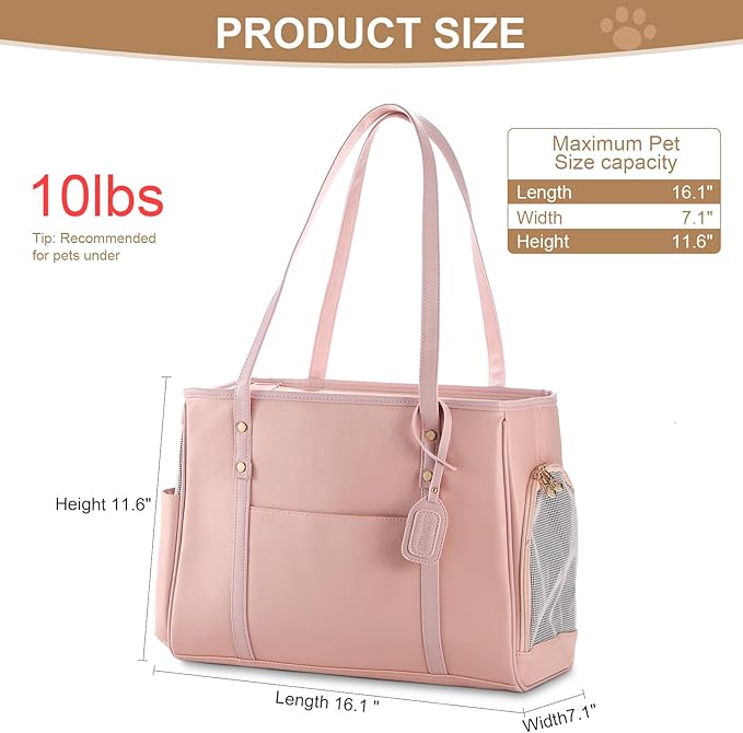 Fashion Dog Carrier Purse, Premium Leather Cat Carrier Bag, Airline Approved Soft Sided Pet Travel Tote Bag with Pockets Pink-PawvioPets