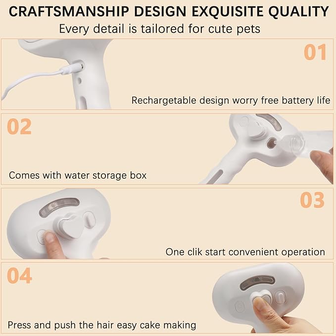 Cat Steam Brush for Shedding– 4-in-1 De-Shedding, Steam Spray, and Self-Cleaning Grooming Tool – Ideal for Long and Short-Haired Pets– Includes 2 Bottles of 120 mL Waterless Shampoo(White)-PawvioPets