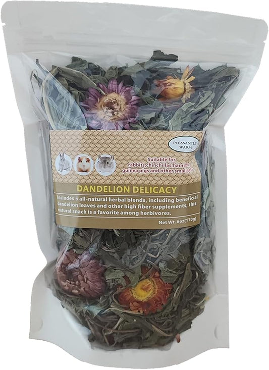 Dandelion Treat - High Fiber Food for Chinchillas, Guinea Pigs & Squirrels - 5 Herbal Blends, 6oz - Rabbit, Hamster & Small Pet Snack-PawvioPets