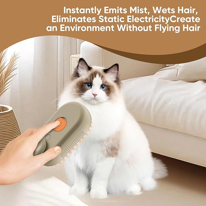 4-in-1 Cat Steam Brush for shedding–Self-Cleaning Comb for Long and Short Hair Cats and Dogs, Steam Pet Brush for Hair Removal, Vibrating Message, Grooming & Relaxation (Khaki)-PawvioPets