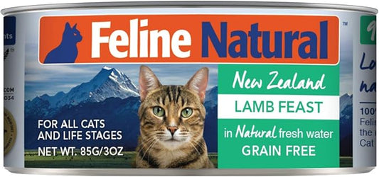 Feline Natural New Zealand Canned Catfood Wet Food, High-Meat, Low-Carb, & Grain Free Cat Food Wet, Lamb Feast, 3 oz, Pack of 24-PawvioPets