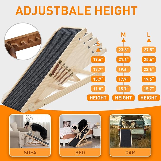 Dog Ramp for Bed, Pet Steps Stairs for Small and Large Dog Portable for Bed, Couch, Car, Height Adjustable, Anti-Slip Traction Mat, Support up to 210 lbs (Black, LENTH-55.1IN)-PawvioPets