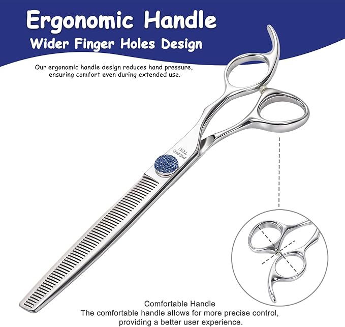 7'' Dog Grooming Scissors Set with Blue Diamond Adjustable Screws CNC 440C Stainless Steel Thinner Chunker Straight Curved Shears with Comb Sharp and Durable-PawvioPets