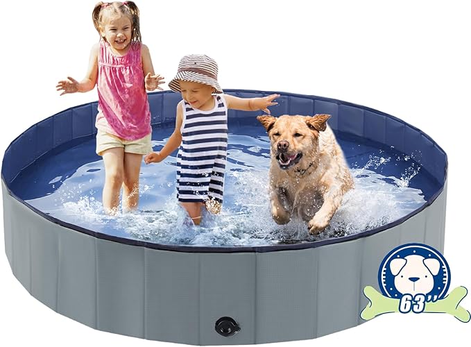 Foldable Dog Bath Swimming Pool 63'' Plastic Kiddie Pool Professional Tub Collapsible Grooming Bathtub for Pets Kids Baby and Toddler, 63 x 12 Inches Gray-PawvioPets