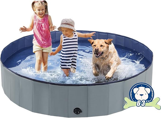 Foldable Dog Bath Swimming Pool 63'' Plastic Kiddie Pool Professional Tub Collapsible Grooming Bathtub for Pets Kids Baby and Toddler, 63 x 12 Inches Gray-PawvioPets