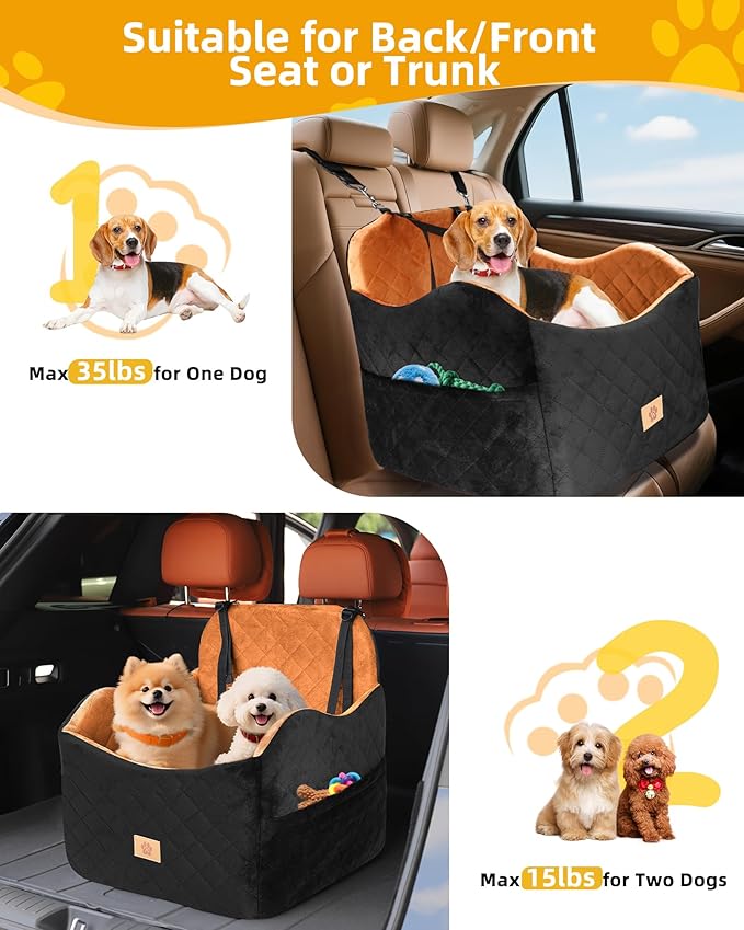 Car Seat Booster for Dog: High-Support Memory Foam Pet Car Seat for Small/Medium Dogs Under 35lbs with Elevated Cushion,Pockets - Detachable Washable Puppy Travel Bed for Driving(Black/Brown)-PawvioPets