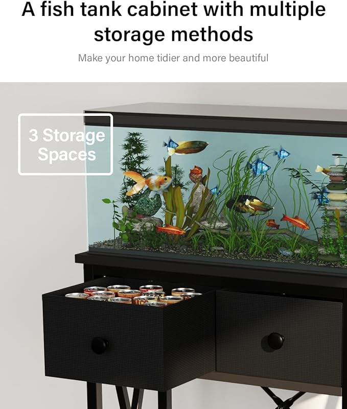 Fish Tank Stand for 5-10 Gallon Fish Tank: Aquarium Stand with Power Outlet - Metal 10 Gallon Tank Stand with Cabinet Drawer Storage for Turtle Tank, Reptile Terrarium (Black, 220LBS Capacity)-PawvioPets