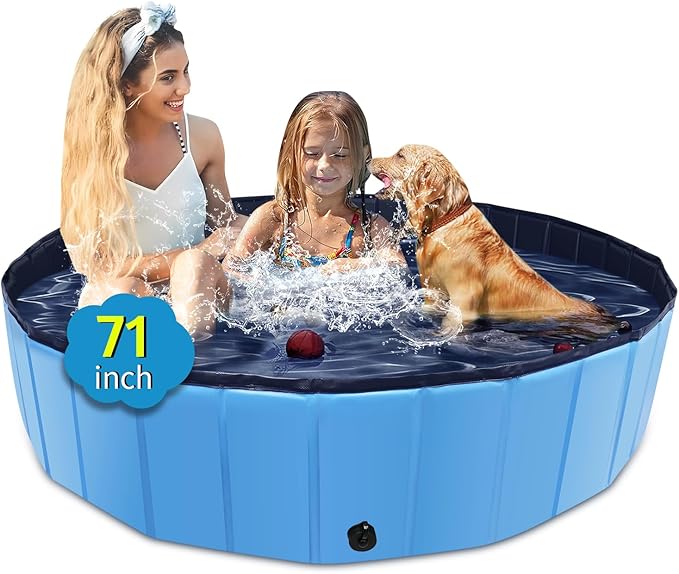 Foldable Dog Pool, 71" x 12" Large Kiddie Pool with Hard Plastic, Non-Slip Dog Bath Tub for Outdoor Backyard, Collapsible Dog Swimming Pool for Kids Dogs Pets (Blue)-PawvioPets