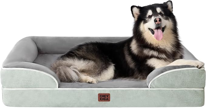 EHEYCIGA Orthopedic XL Dog Beds, Waterproof Memory Foam Dog Bed for Extra Large Dogs, Non-Slip Bottom and Egg-Crate Foam Big Pet Couch Bed with Washable Removable Cover, Greyish Green-PawvioPets
