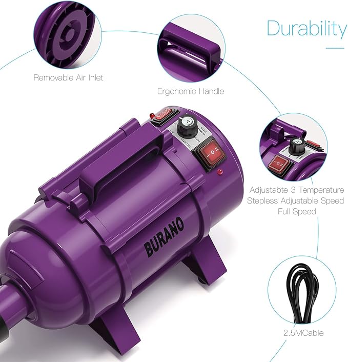 Burano Dog Dryer, High Velocity Pet Hair Dryer, 4.3HP Stepless Adjustable Speed Dog Hair Force Dryer for Dogs, Cats & More, Powerful Pet Blower with Heater-PawvioPets
