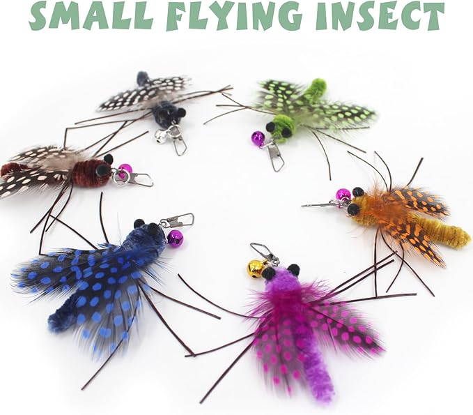 SONGWAY Insect Cat Toys with Feather - 6 Pieces Cat Insect Feather Toy Refills, Teaser Wand Attachments, Interactive Toys for Indoor Cats Kittens-PawvioPets