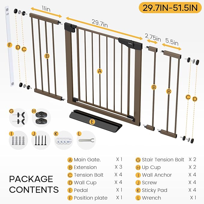 Cumbor 2 Pack 29.7"-51.5" Extra Wide Baby Gate for Stairs, Mom's Choice Awards Winner-Dog Gates for Doorways, Pressure Mounted Walk Through Pet Gate Indoor, Safety Auto-Close Child Gate for Kid,Brown-PawvioPets