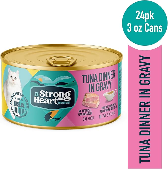 A Strong Heart Canned Wet Cat Food, Tuna Dinner in Gravy - 3 oz Cans (Pack of 24), Made in The USA with Real Tuna-PawvioPets