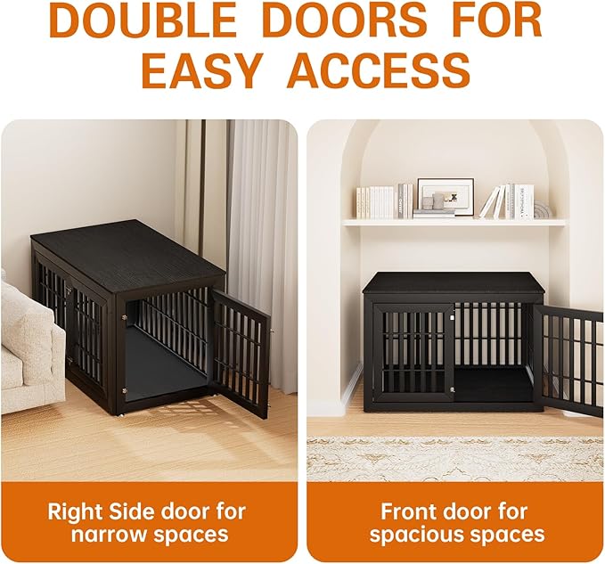 48" Heavy Duty Dog Crate Furniture for Small,Medium and Large Dogs,Rustic Wooden Dog Cage Kennel Indoor Furniture with Waterproof Top,Decorative Pet House Side End Table (Black)-PawvioPets