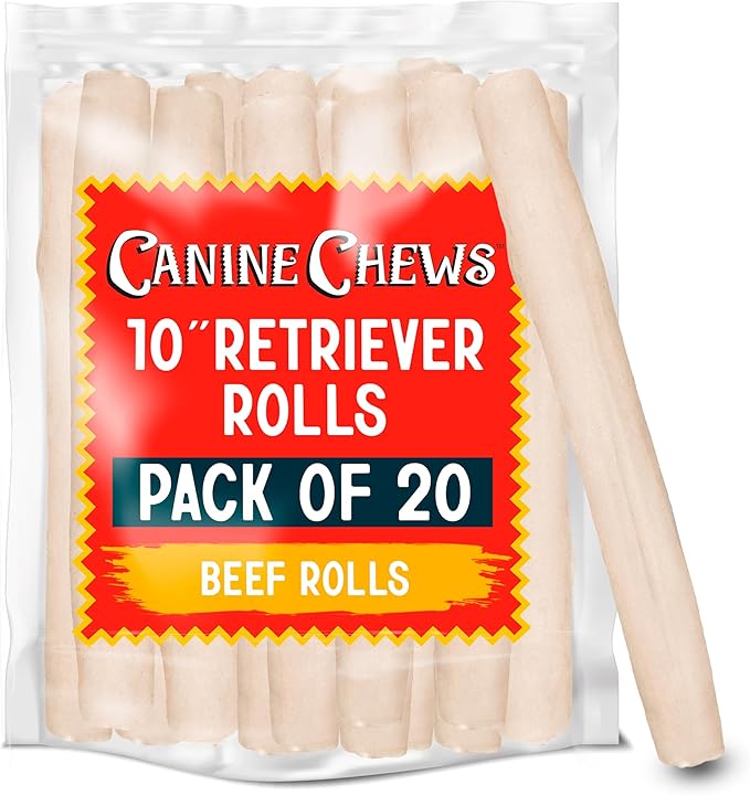 Canine Chews 10" Dog Rawhide Retriever Rolls - Bones for Large Dogs (20 Pack) - 100% USA-Sourced Natural Beef - Single Ingredient - Healthy Dental Chew-PawvioPets