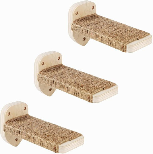 3 Pcs Cat Wall Steps, Cat Shelves and Perches for Wall, Wall-Mounted Cat Climbing Shelf with Hemp Rope Covered, Cat Wall Furniture Steps Set with Scratching Pads for Cats Playing and Climbing (Wood)-PawvioPets