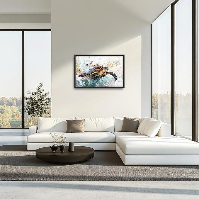 Extra Large Framed Sea Turtle Wall Art,Oversized Abstract Colorful Sea Nautical Wall Decor Pictures for Living Room,Canvas Print Painting Modern Artwork Bedroom Office Bathroom Home Decor 36L x24W-PawvioPets