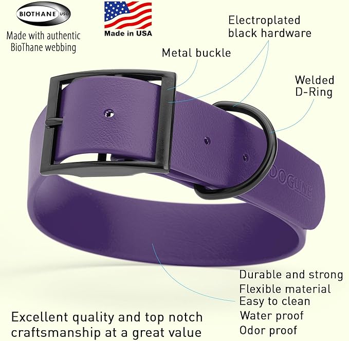 Dogline Biothane Waterproof Dog Collar Strong Coated Nylon Webbing with Black Hardware Odor- Proof for Easy Care Easy to Clean High Performance Fits Small Medium or Large Dogs, Violet Purple-PawvioPets