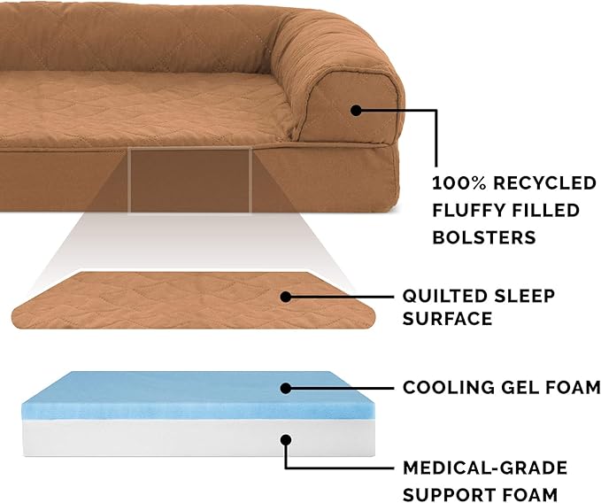 Furhaven Cooling Gel Dog Bed for Medium/Small Dogs w/ Removable Bolsters & Washable Cover, For Dogs Up to 35 lbs - Quilted Sofa - Toasted Brown, Medium-PawvioPets