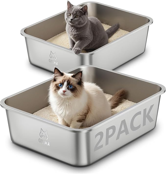 2 Packs Stainless Steel Cat Litter Box, 17.5" L×13.6" W×5.9" H, Metal Kitty Litter Box with High Sided for Small Cats, Non-Stick, Easy to Clean, Odor-Free-PawvioPets