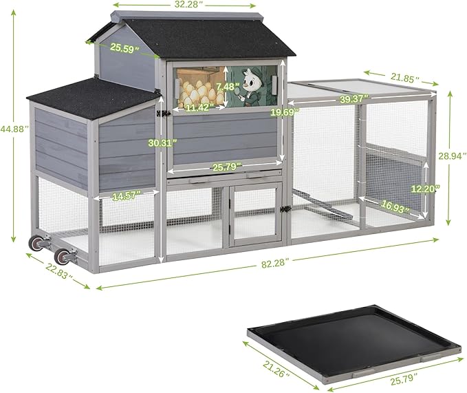 COZIWOW 82" Large Wooden Chicken Coop, Outdoor Rabbit Hutch with Wheels, Sunshine Board, Asphalt Roof, Ramp, Openable Top, Door, Window, Pull-Out Tray, Indoor Bunny Cage (Gray with Pattern)-PawvioPets