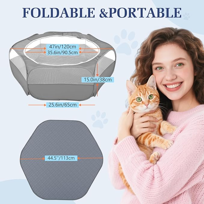 2-in-1 Small Animals Playpen with Pad, Waterproof Small Pet Cage Tent with Reusable Pad, Portable Outdoor Yard Fence with 3 Metal Rod for Chick/Kitten/Puppy/Guinea Pig/Rabbits/Chinchillas, Gray-PawvioPets