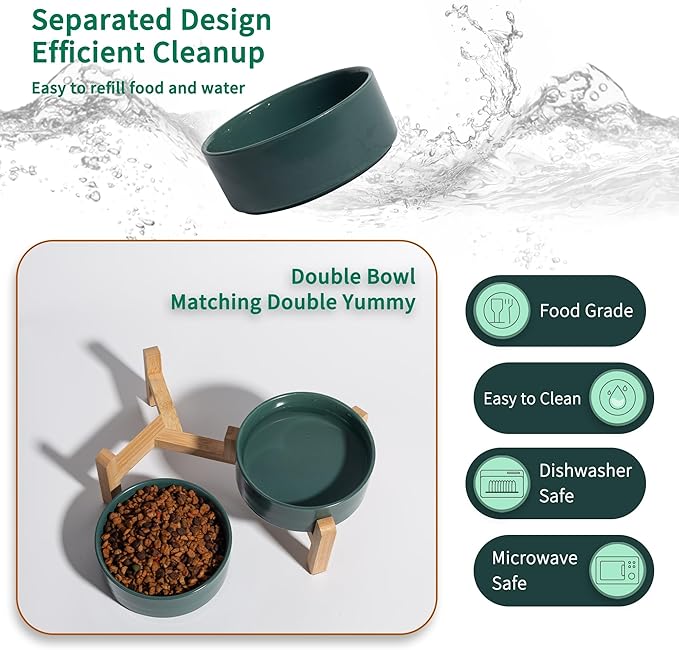 Elevated Ceramic Dog Bowl Set - Raised Feeding Bowls with Non-Slip Bamboo Stand - Small Pet Dishes for Food and Water - Ideal for Cats and Puppies - 16.23 OZ - 2 Cups - 480 ML-PawvioPets
