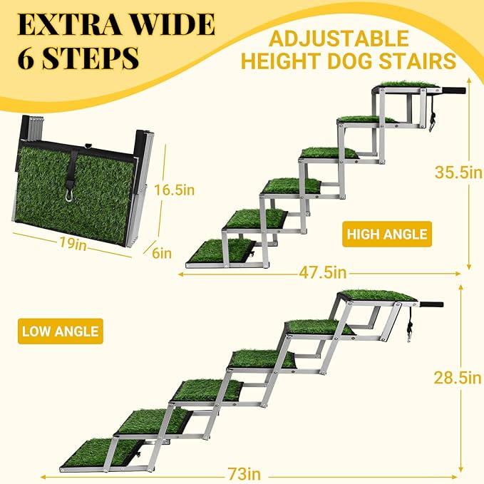 Extra Wide Dog Stairs for Car, Portable Folding Dog Ramps,Doggy Steps for Large Dogs with Non-Slip Grass Rug for Cars, SUV, Trucks, Lightweight Pet Ramp Supports Up to 200 lb, 6 Steps-PawvioPets