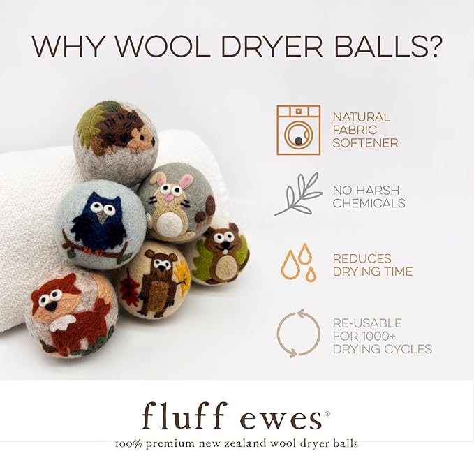 Fluff Ewes Wool Dryer Balls 6 Pack Premium New Zealand Wool Laundry Balls for Dryer, No Static Dryer Balls Laundry Reusable, XL Hedgehog Dryer Balls, Baby Dryer Balls for Dryers - Hedgehog and Homies-PawvioPets