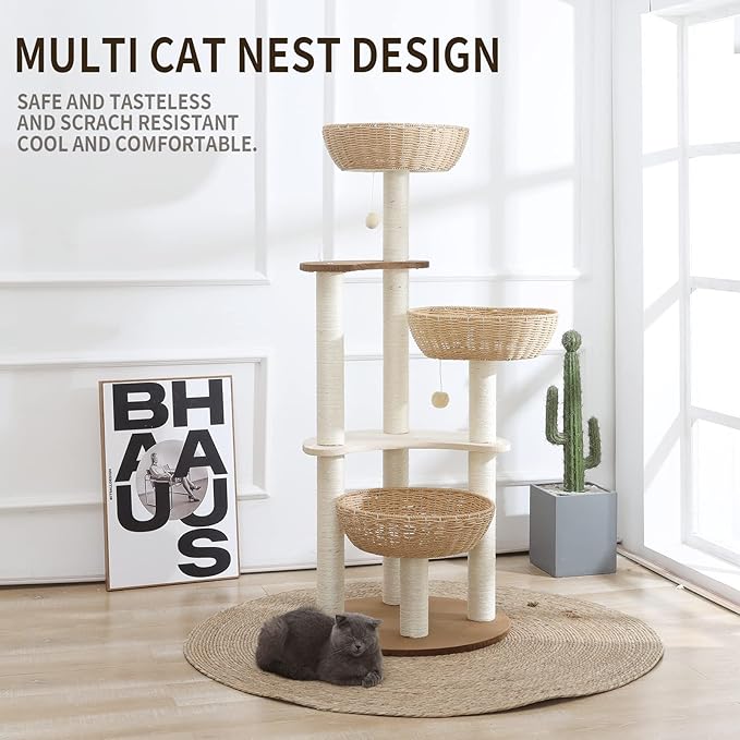 52" Modern Cat Tree Tower for Large Cats, 3Cat Nests Manual Hand Woven Multilevel Huge Paws Pals Cat Tree, Wood Cat Tower, Cat Scratching Tree, Cat Condo, Cat Lover Gift-PawvioPets