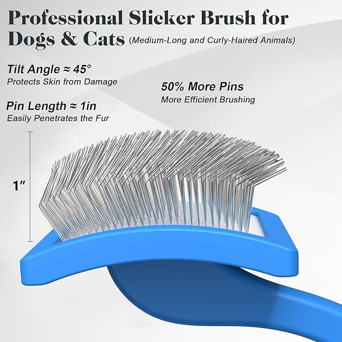 2PCS Slicker Brush for Dogs & Pet Comb,Professional Dog Grooming Brush (Goldendoodles,Poodles,Labradoodles) with Extra Long Pins to Effectively Remove Tangles, Knots and Mats (Blue)-PawvioPets