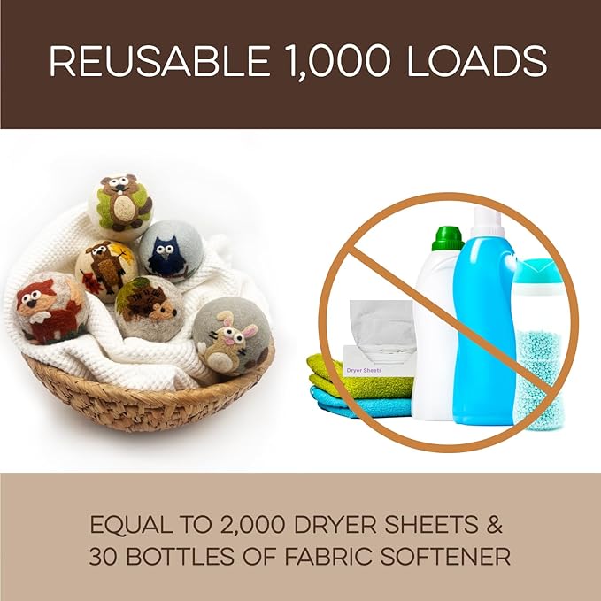 Fluff Ewes Wool Dryer Balls 6 Pack Premium New Zealand Wool Laundry Balls for Dryer, No Static Dryer Balls Laundry Reusable, XL Hedgehog Dryer Balls, Baby Dryer Balls for Dryers - Hedgehog and Homies-PawvioPets