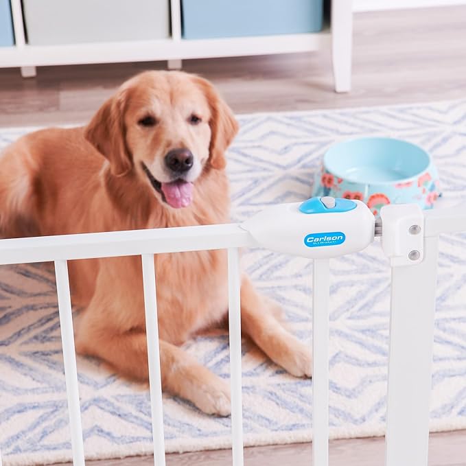 Carlson Extra Wide Walk Through Pet Gate with Small Pet Door, Includes 4-Inch Extension Kit, Pressure Mount Kit and Wall Mount Kit,White-PawvioPets