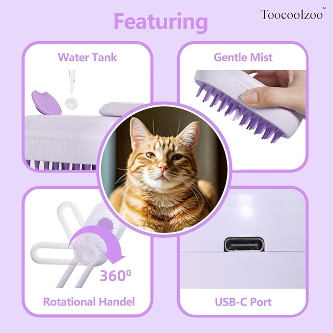 3-in-1 Cat Steam Brush, Rechargeable Cat Brush with Steam, Spritz Defur Comb for Dogs, Spritz Defur Comb for Cats (Purple)-PawvioPets