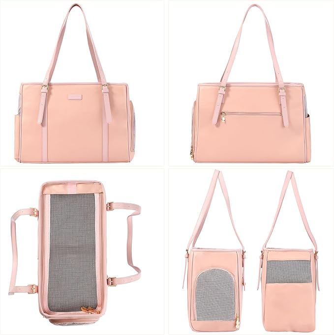 Fashion Dog Purse Pet Carrier Leather Bag for Small Dogs Cats Puppy, Portable Tote Bag Airline Approved Soft-Sided Carriers (Pink)-PawvioPets