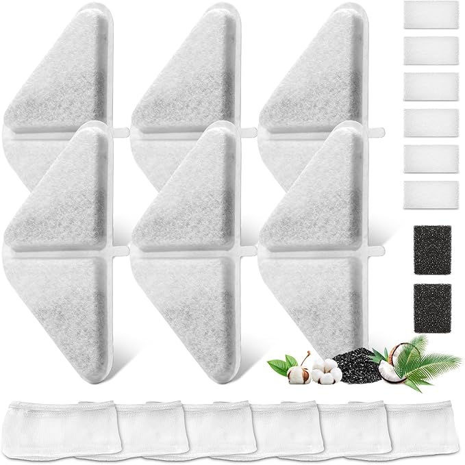6 Sets of Replacement Filters for 230oz/7L Dog Water Fountain, GISOFIK Cat Water Fountain Filter, 5 Layers Filtration System Pet Fountain Filters Replacement (6 Filters+6 Mesh Bag+8 Sponge)-PawvioPets
